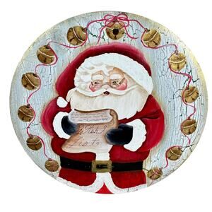 Vintage Wooden Christmas Santa Bells Wish‎ List Hand Painted Round Decor Plaque
